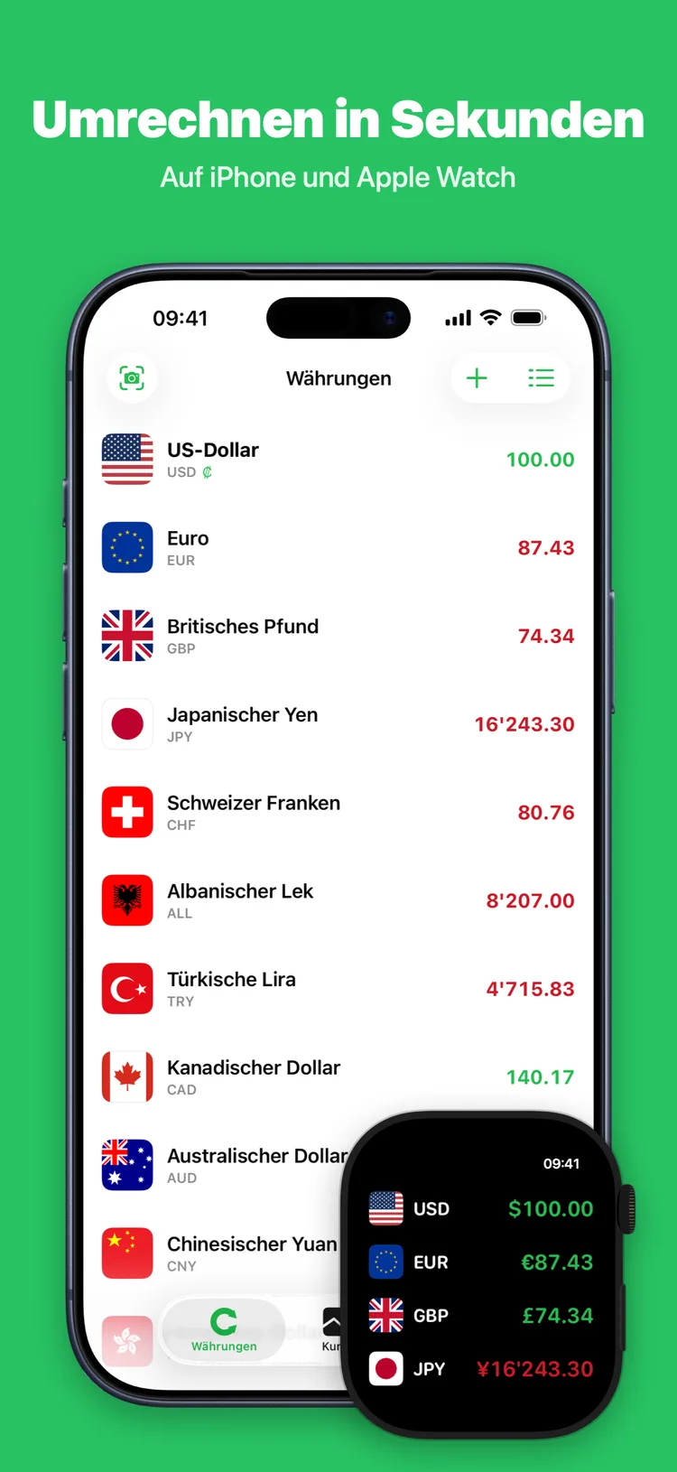 Currio App: Währungsliste mit Live-Umrechnung